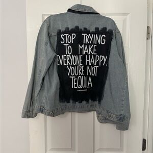 Wren and Glory Tequila Denim Jacket with Black and White Hand Painted Art Design